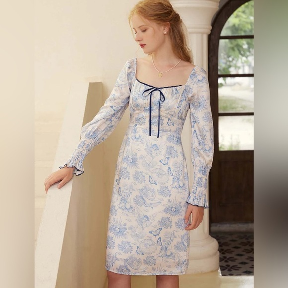 SIMPLE RETRO MILA ELEGANT SQUARE NECK CONTRAST PRINT DRESS SIZE S - Picture 6 of 16